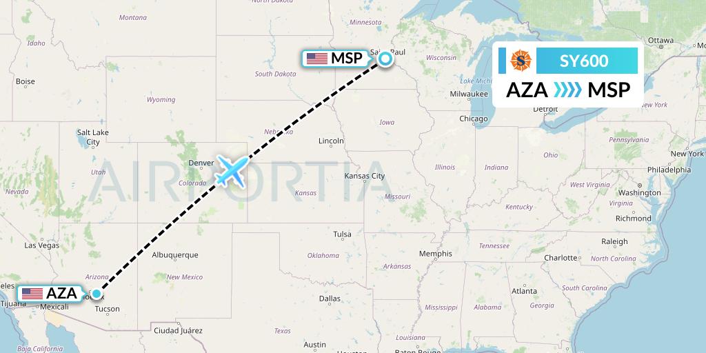 SY600 Sun Country Airlines Flight Map: Phoenix to Minneapolis