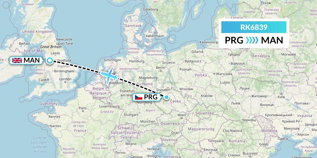 RK6839 Ryanair UK Flight Map: Prague to Manchester