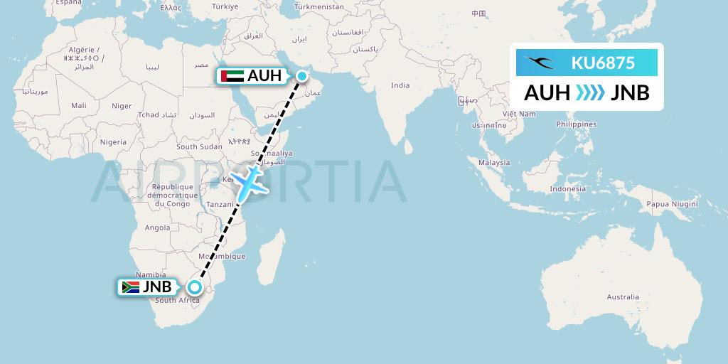 KU6875 Kuwait Airways Flight Map: Abu Dhabi to Johannesburg