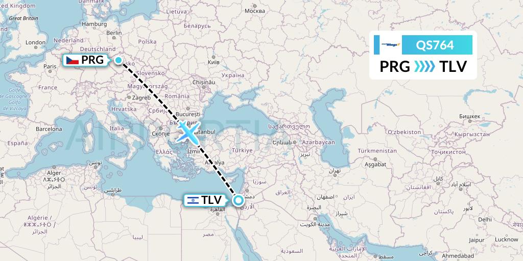 QS764 Smartwings Flight Map: Prague to Tel Aviv