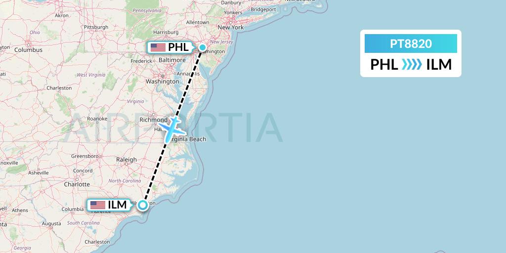 PT8820 Piedmont Airlines Flight Map: Philadelphia to Wilmington
