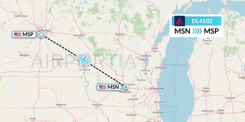 DL4102 Delta Air Lines Flight Map: Madison to Minneapolis