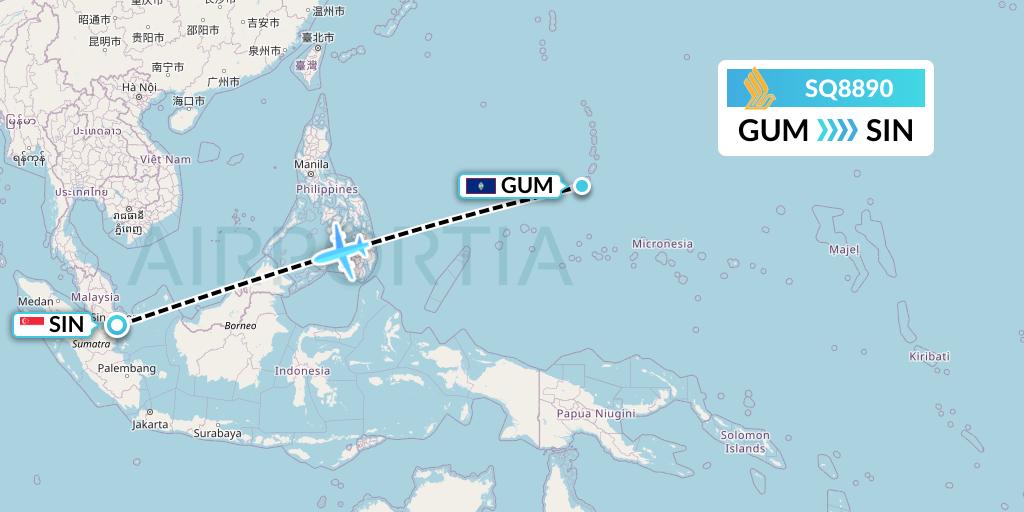 SQ8890 Singapore Airlines Flight Map: Guam to Singapore