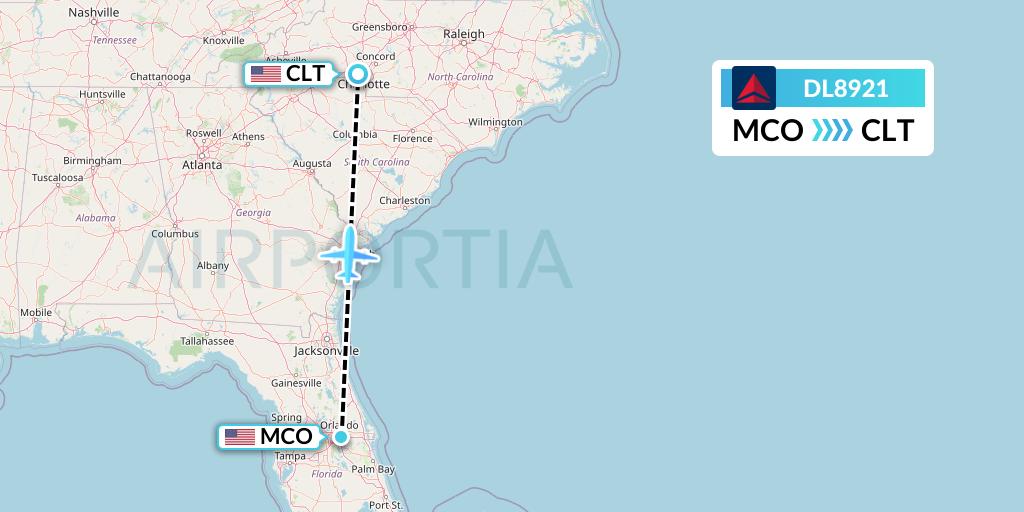 DL8921 Delta Air Lines Flight Map: Orlando to Charlotte