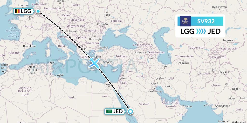 SV932 Saudi Arabian Airlines Flight Map: Liege to Jeddah