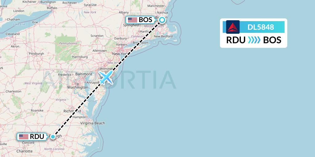 DL5848 Delta Air Lines Flight Map: Raleigh-Durham to Boston