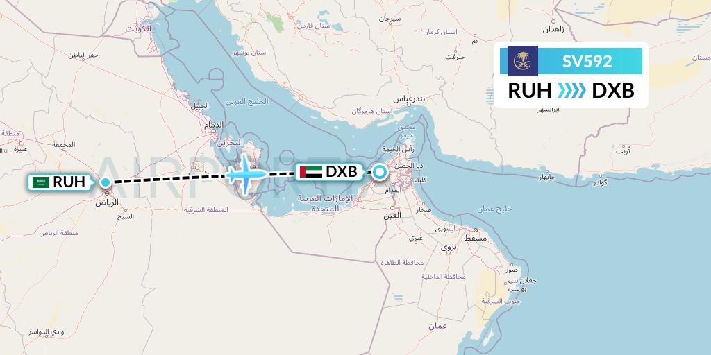 SV592 Saudi Arabian Airlines Flight Map: Riyadh to Dubai