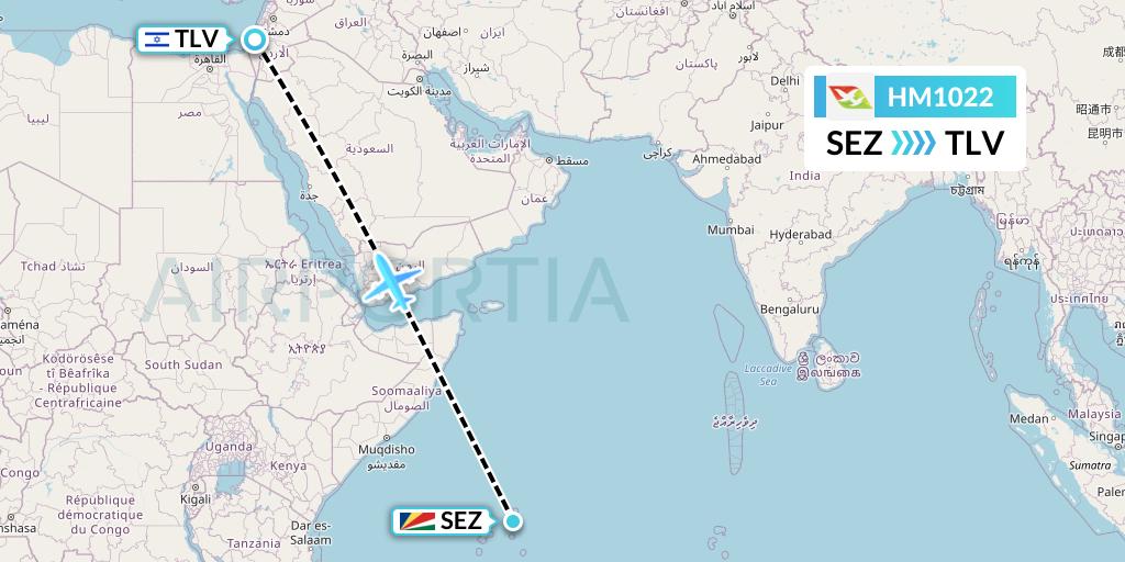HM1022 Air Seychelles Flight Map: Victoria to Tel Aviv