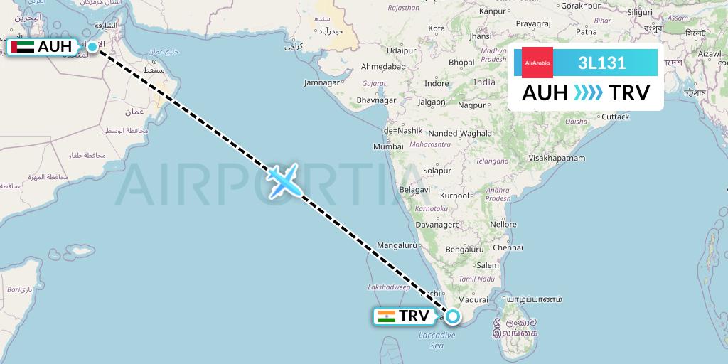 3L131 Air Arabia Abu Dhabi Flight Map: Abu Dhabi to Thiruvananthapuram