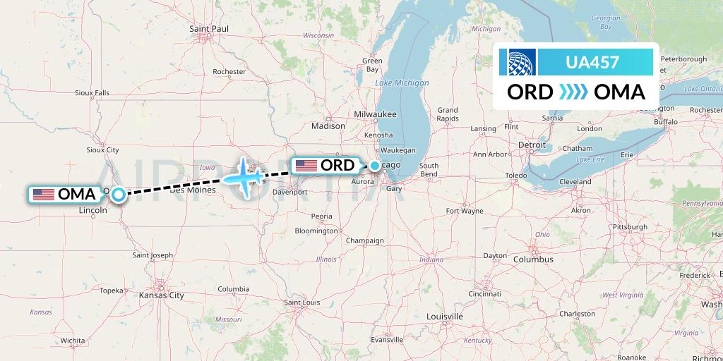 UA457 United Airlines Flight Map: Chicago to Omaha
