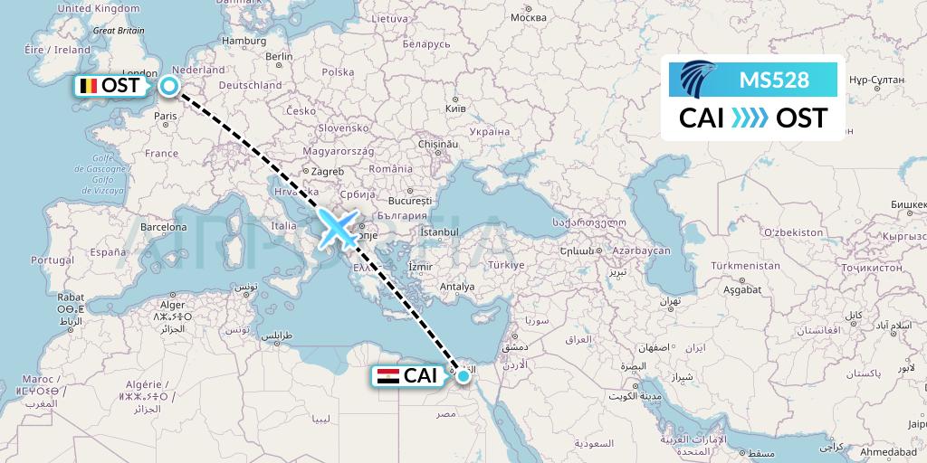 MS528 EgyptAir Flight Map: Cairo to Ostend