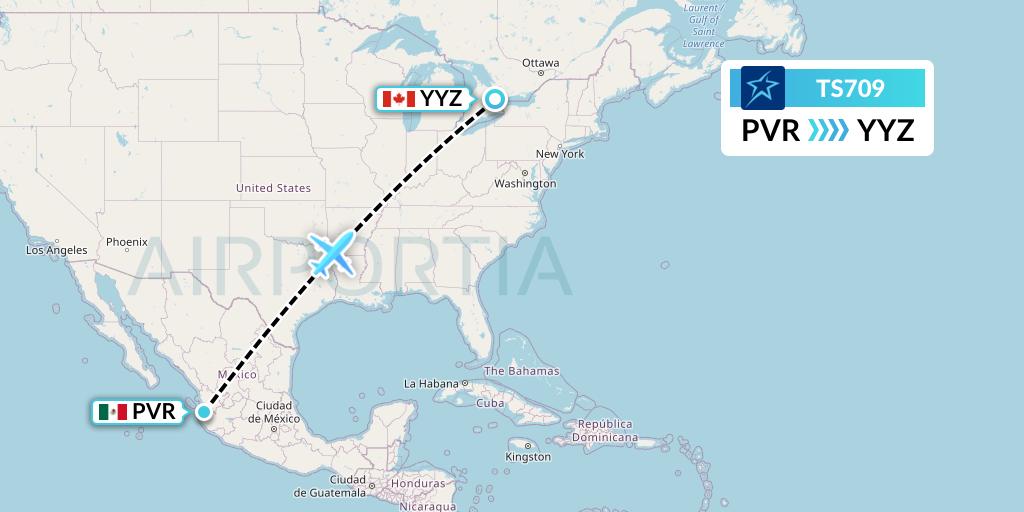 TS709 Air Transat Flight Map: Puerto Vallarta to Toronto