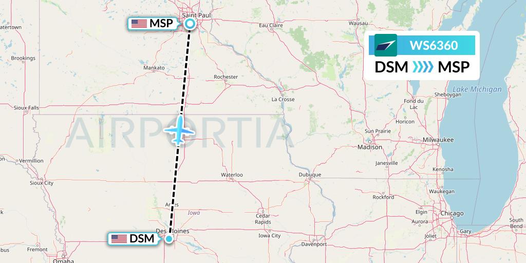 WS6360 WestJet Flight Map: Des Moines to Minneapolis