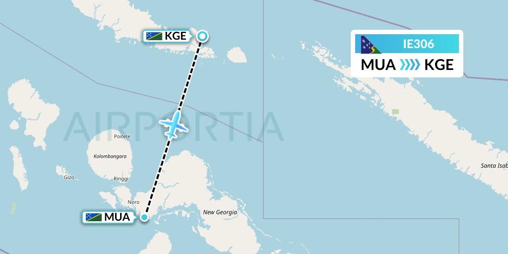 IE306 Solomon Airlines Flight Map: Solomon Islands to Kagau Island