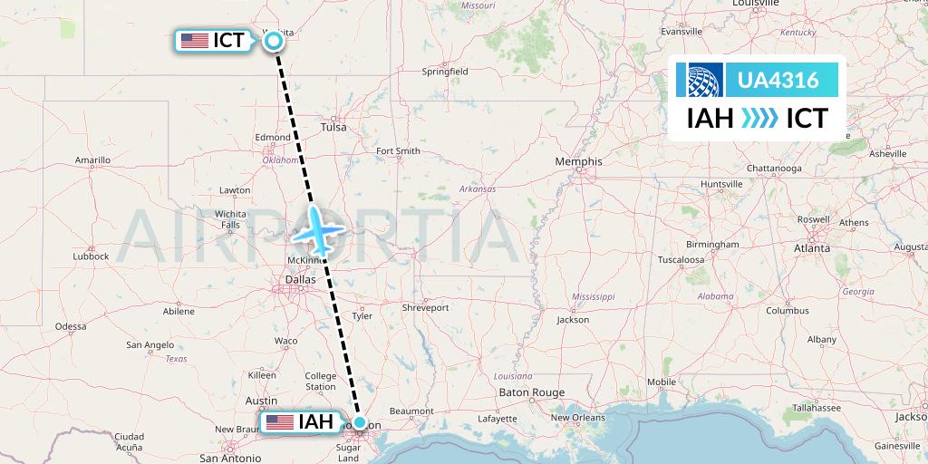 UA4316 United Airlines Flight Map: Houston to Wichita