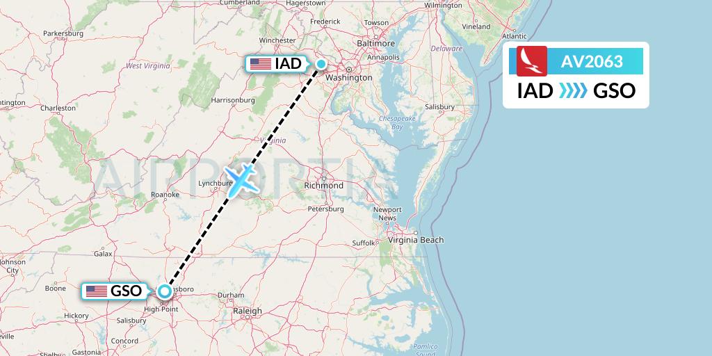 AV2063 Avianca Flight Map: Washington to Greensboro