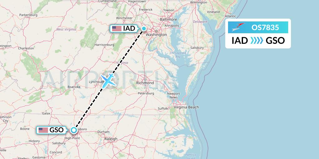 OS7835 Austrian Airlines Flight Map: Washington to Greensboro