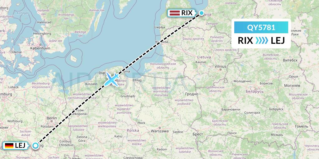 QY5781 European Air Transport Flight Map: Riga to Leipzig