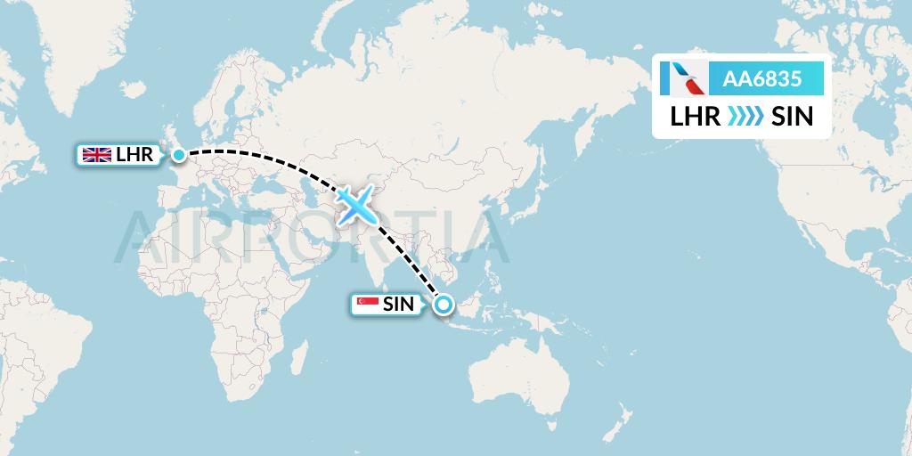 AA6835 American Airlines Flight Map: London to Singapore
