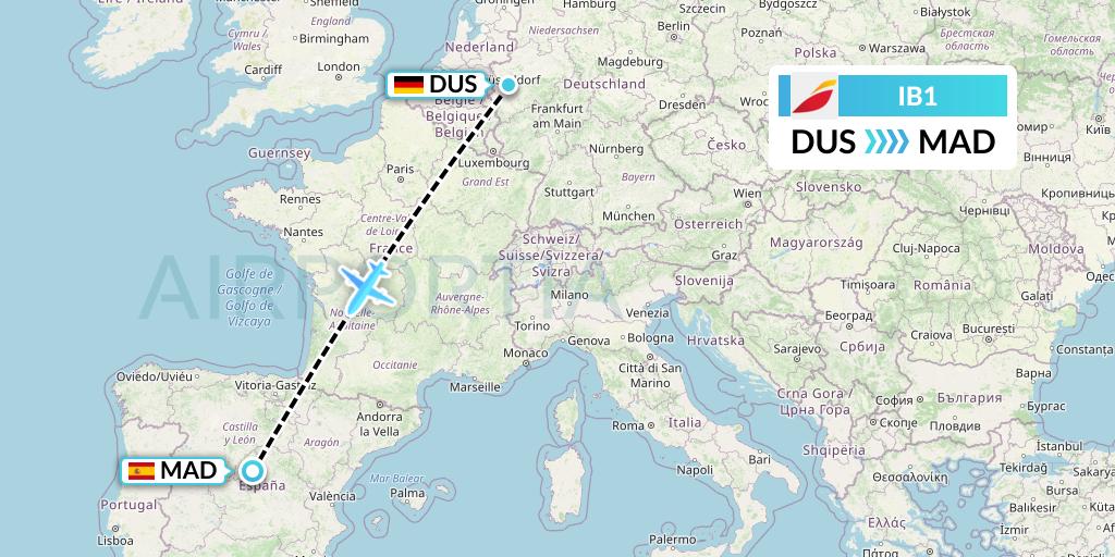 IB1 Iberia Flight Map: Dusseldorf to Madrid