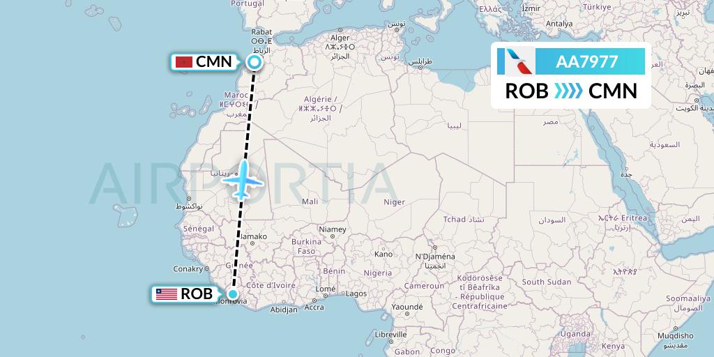 AA7977 American Airlines Flight Map: Monrovia to Casablanca