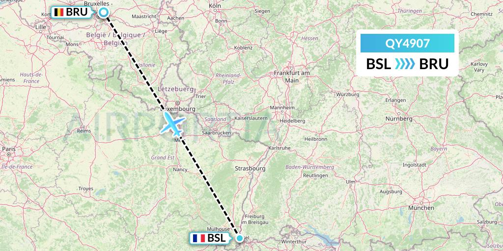 QY4907 European Air Transport Flight Map: Basel to Brussels