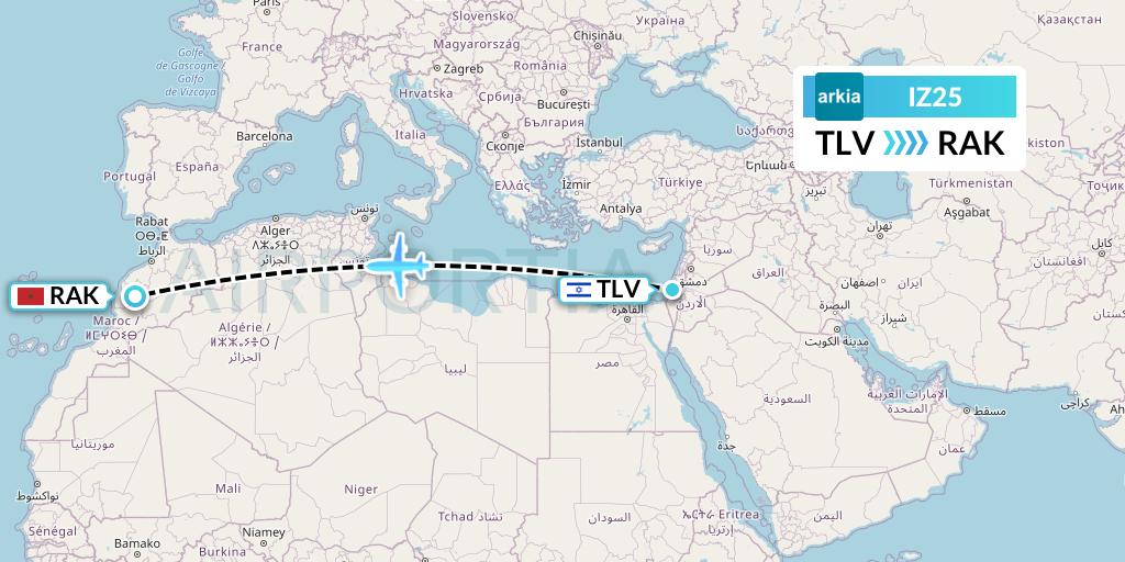 IZ25 Arkia Israeli Airlines Flight Map: Tel Aviv to Marrakesh 