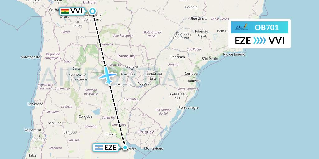 OB701 Boliviana de Aviacion Flight Map: Buenos Aires to Santa Cruz
