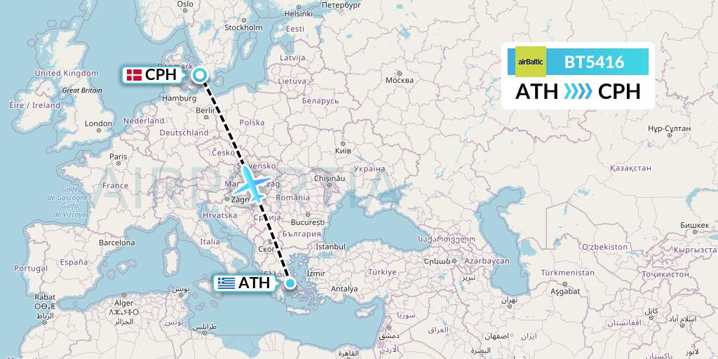 BT5416 Air Baltic Flight Map: Athens to Copenhagen