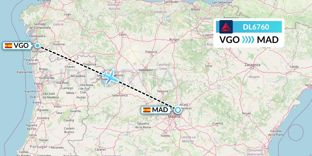DL6760 Delta Air Lines Flight Map: Vigo to Madrid