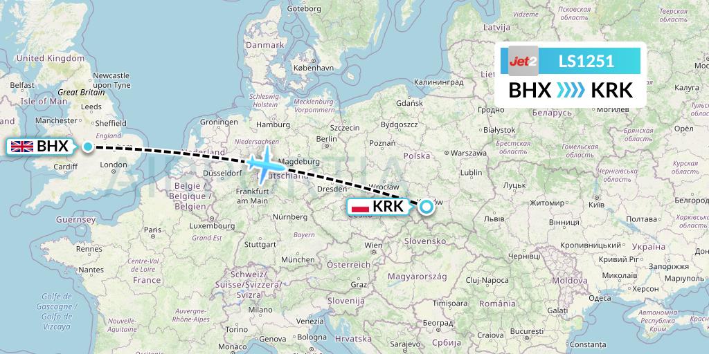 LS1251 Jet2 Flight Map: Birmingham to Krakow
