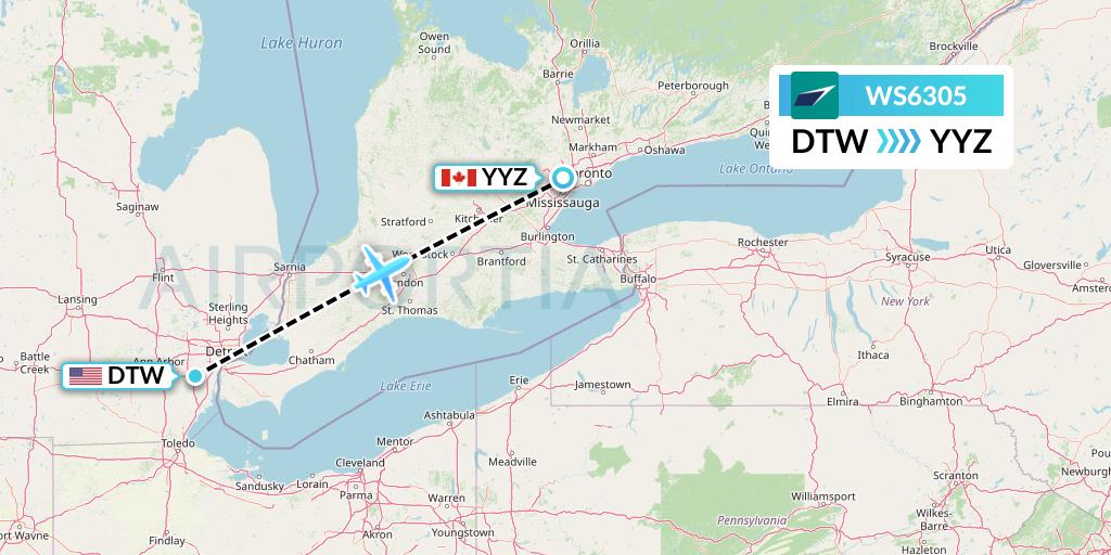 WS6305 WestJet Flight Map: Detroit to Toronto