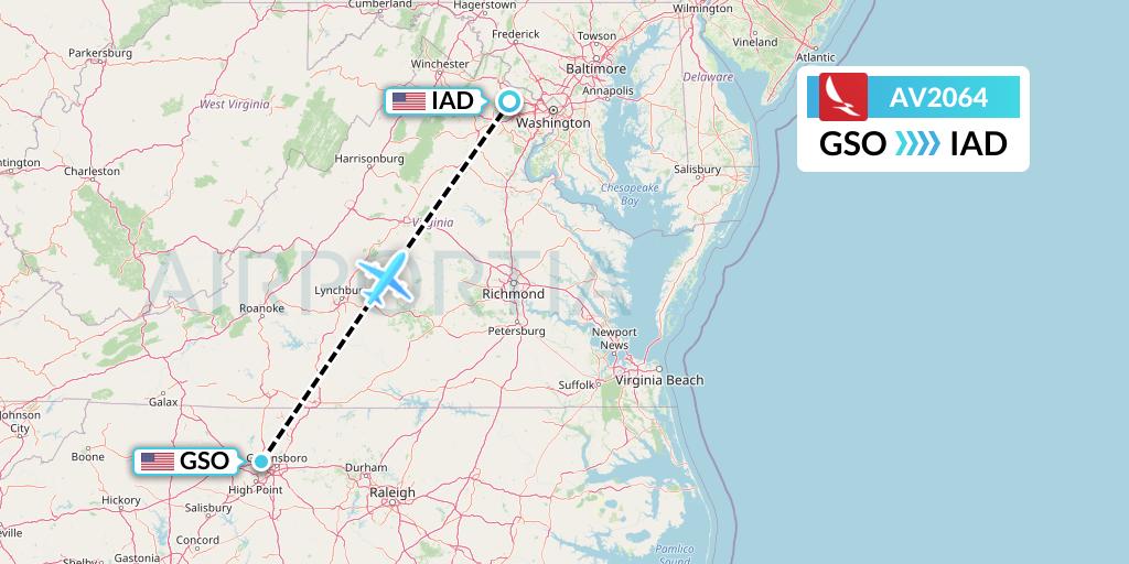 AV2064 Avianca Flight Map: Greensboro to Washington
