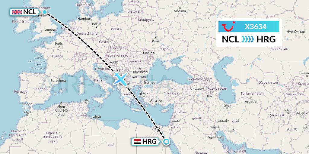 X3634 TUI fly Germany Flight Map: Newcastle to Hurghada