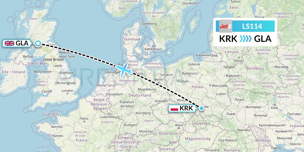 LS114 Jet2 Flight Map: Krakow to Glasgow