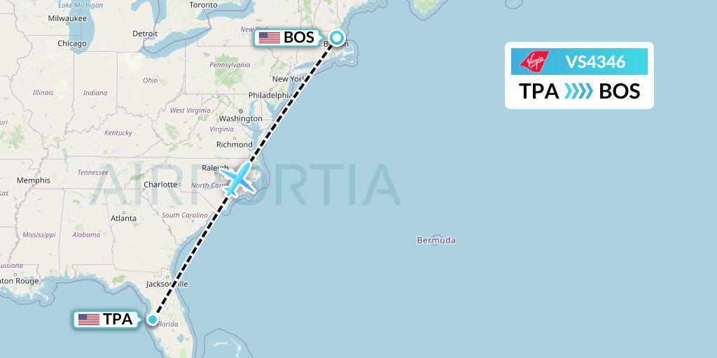 VS4346 Virgin Atlantic Airways Flight Map: Tampa to Boston