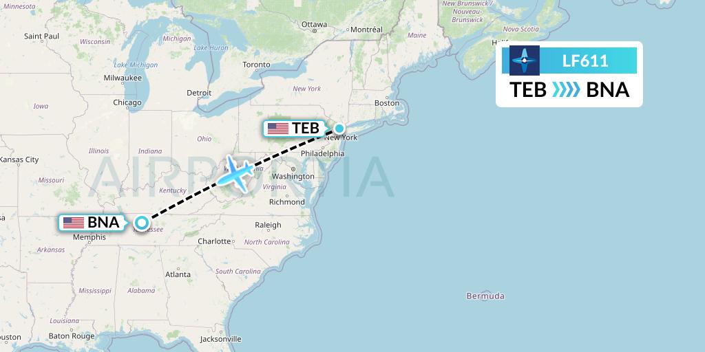 LF611 Corporate Flight Management Flight Map: Teterboro to Nashville