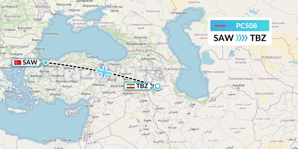 PC508 Pegasus Airlines Flight Map: Istanbul to Tabriz