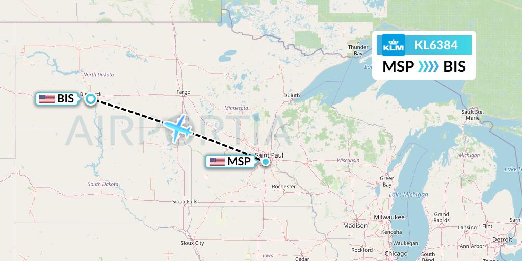 KL6384 KLM Flight Map: Minneapolis to Bismarck