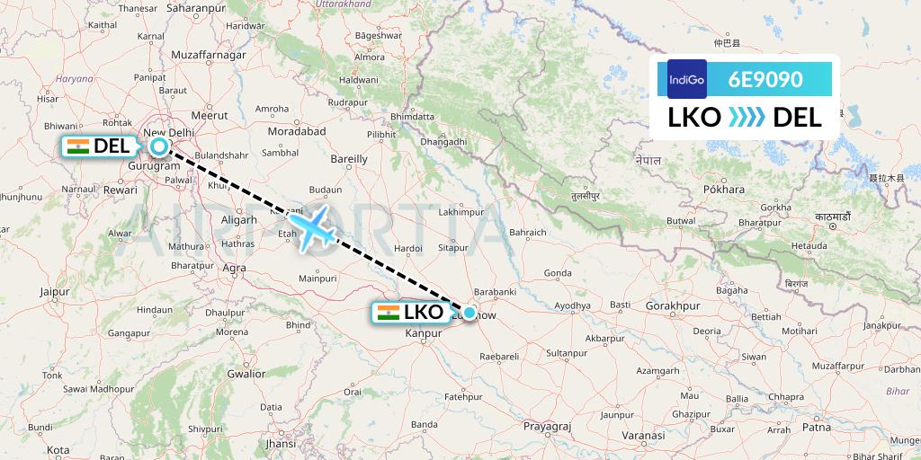 6E9090 IndiGo Airlines Flight Map: Lucknow to Delhi