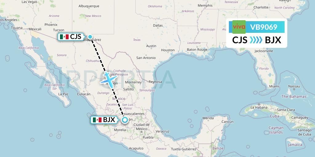 VB9069 VivaAerobus Flight Map: Ciudad Juarez to Silao