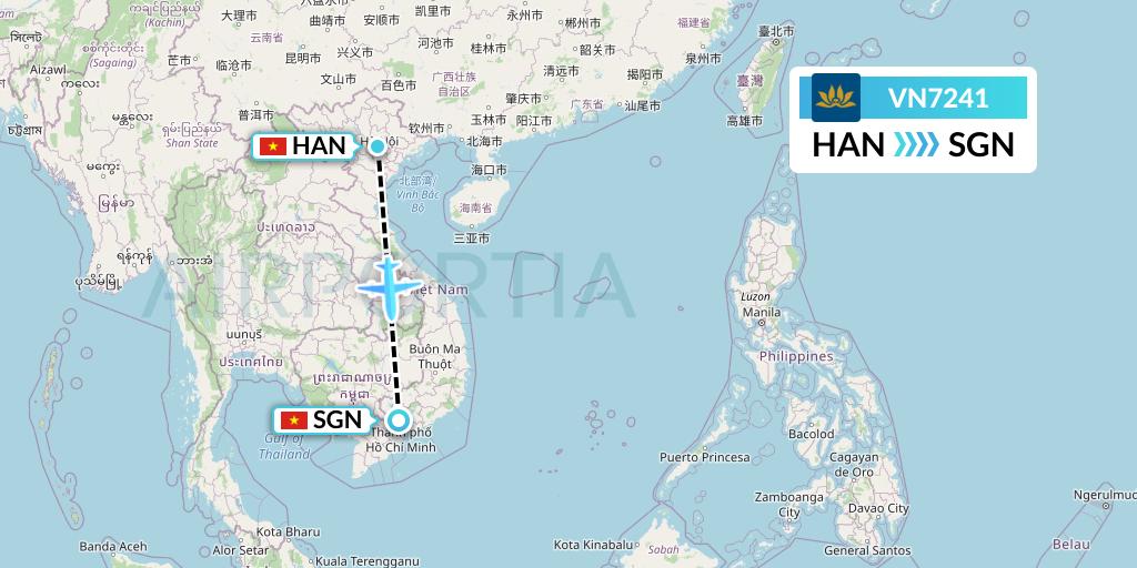 VN7241 Vietnam Airlines Flight Map: Hanoi to Ho Chi Minh City