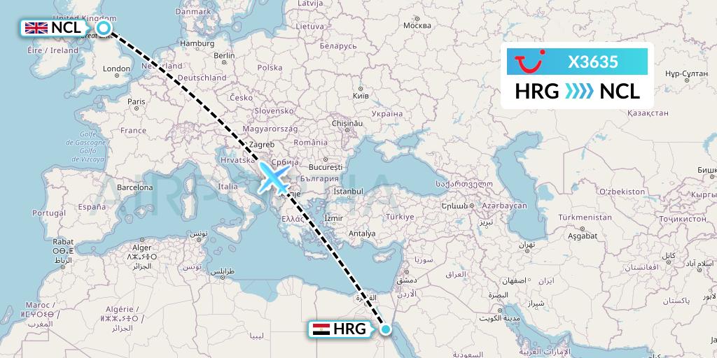 X3635 TUI fly Germany Flight Map: Hurghada to Newcastle