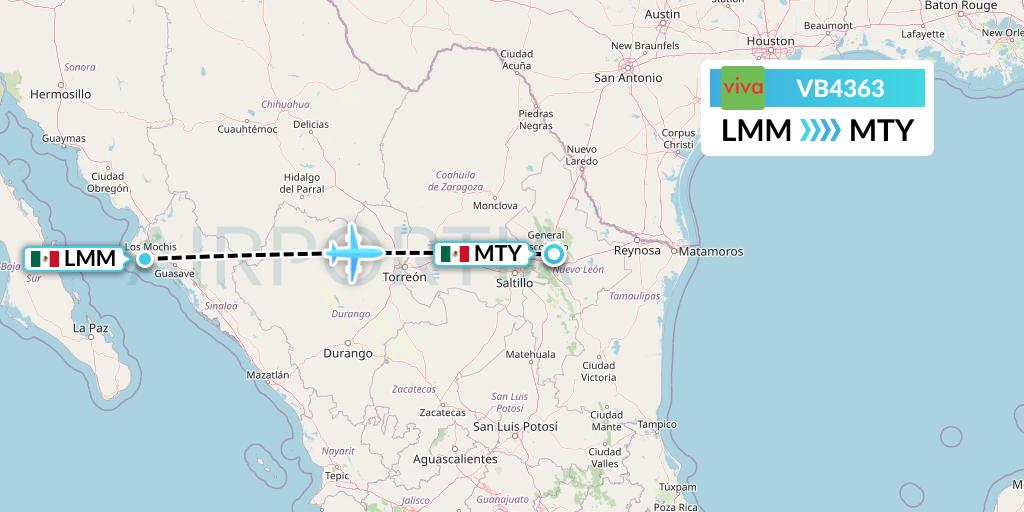 VB4363 VivaAerobus Flight Map: Los Mochis to Monterrey