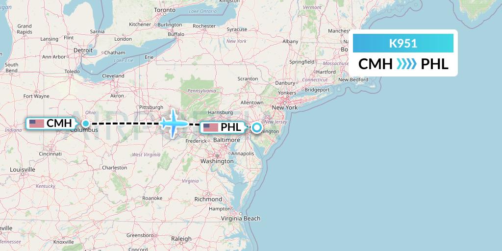 K951 Kalitta Charters Flight Map: Columbus to Philadelphia
