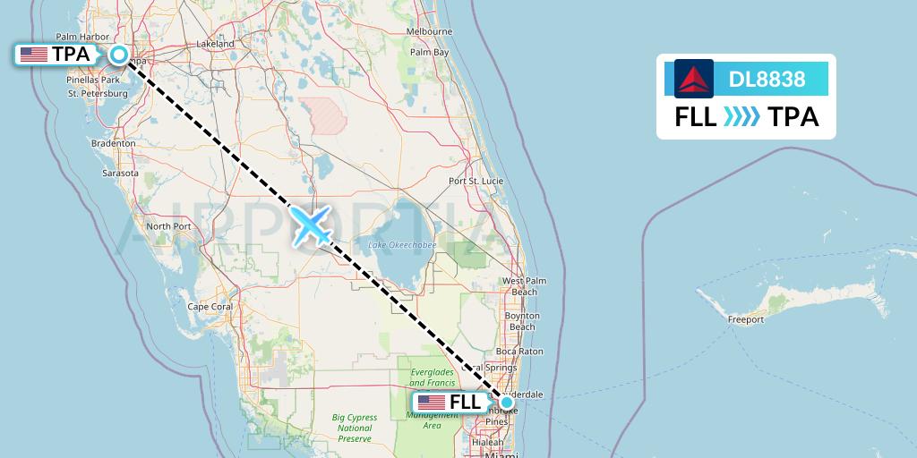 DL8838 Delta Air Lines Flight Map: Fort Lauderdale to Tampa