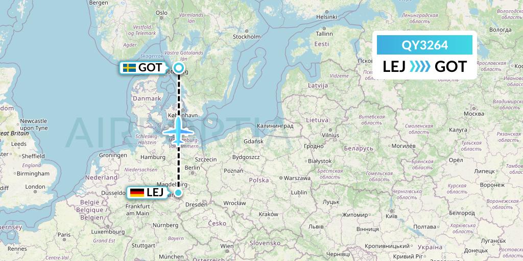 QY3264 European Air Transport Flight Map: Leipzig to Gothenburg