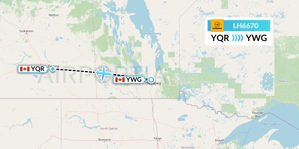 LH6670 Lufthansa Flight Map: Regina to Winnipeg