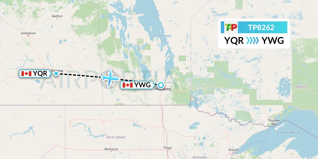TP8262 TAP Portugal Flight Map: Regina to Winnipeg