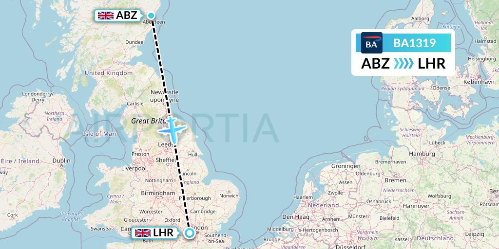 BA1319 British Airways Flight Map: Aberdeen to London
